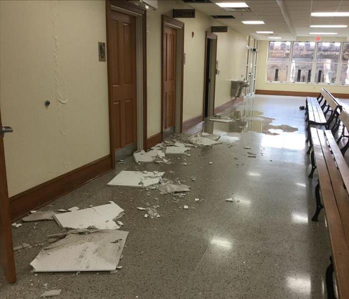 Water damaged walls, ceiling tiles fallen throughout a hallway in the courthouse from water. 