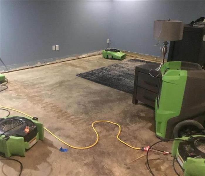 large basement room with 4 green air movers, blue walls, exposed sub floors, lamp on end table