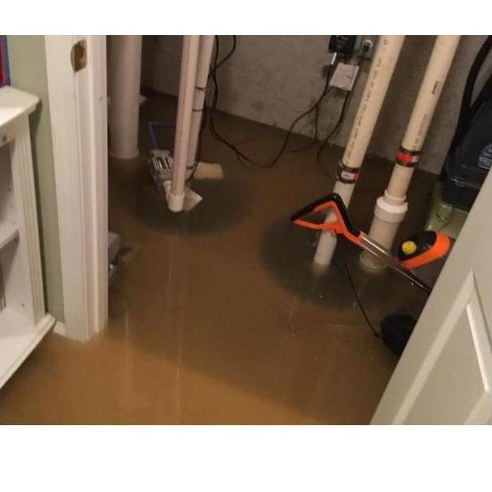 brown colored water raising in basement. Electrical chords drooping in the water.