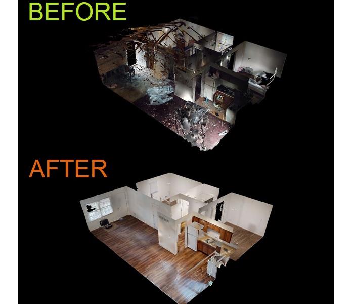 Before and After Dollhouse view of an apartment that caught fire and had significant damage 